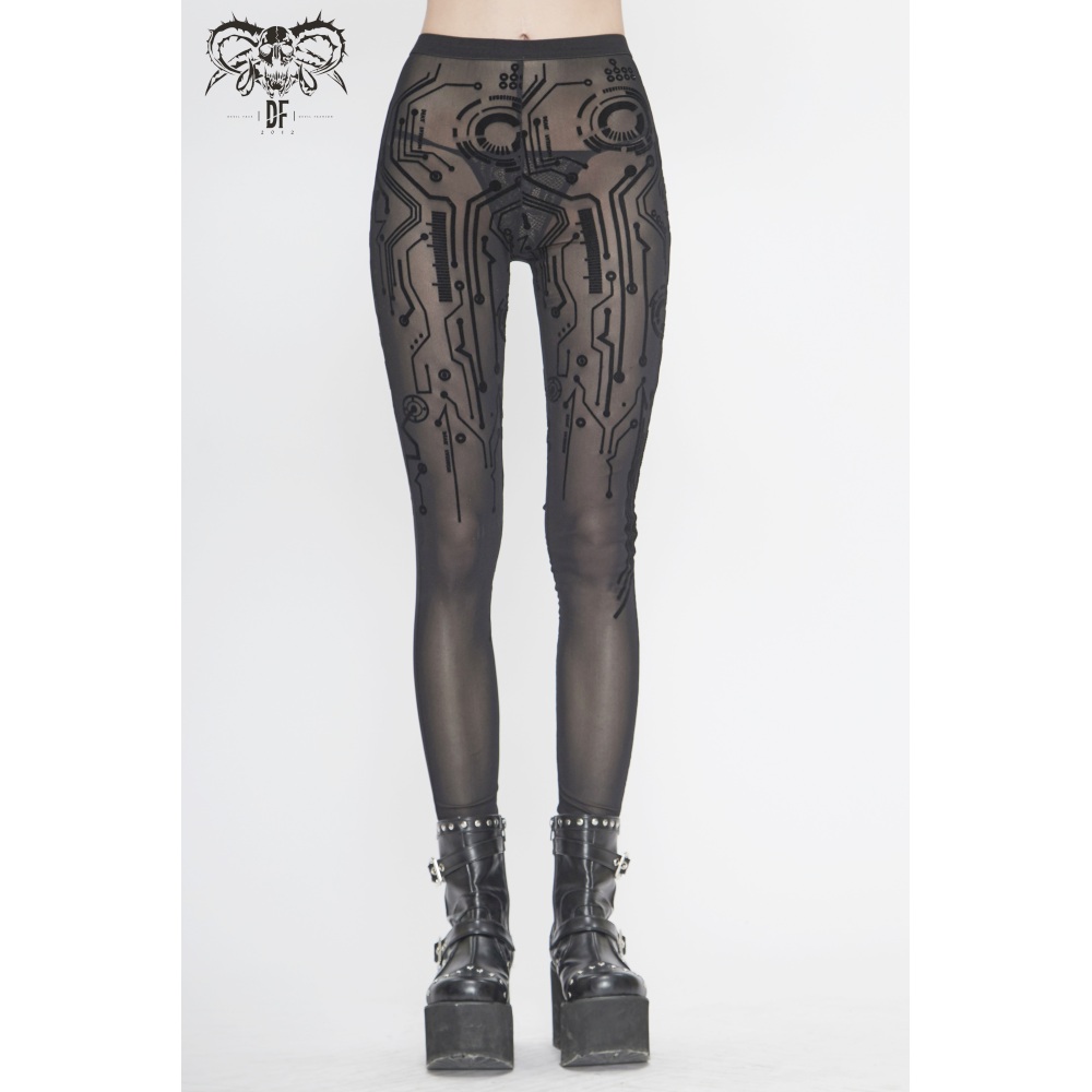 Devil Fashion - Cyberpunk Circuit Diagram Flocking Legging - Zwart